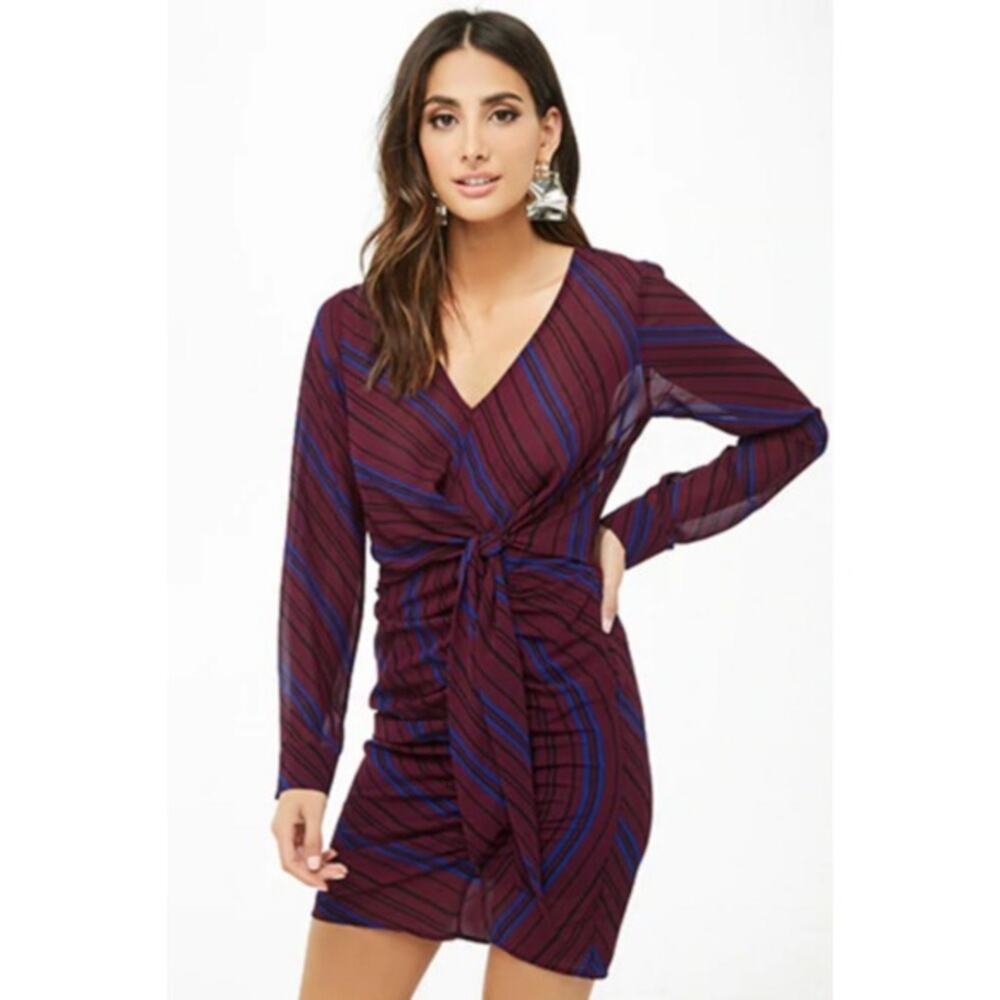 FOREVER 21 Striped Twist Tie-Front Burgundy Dress Size XS V-Neck